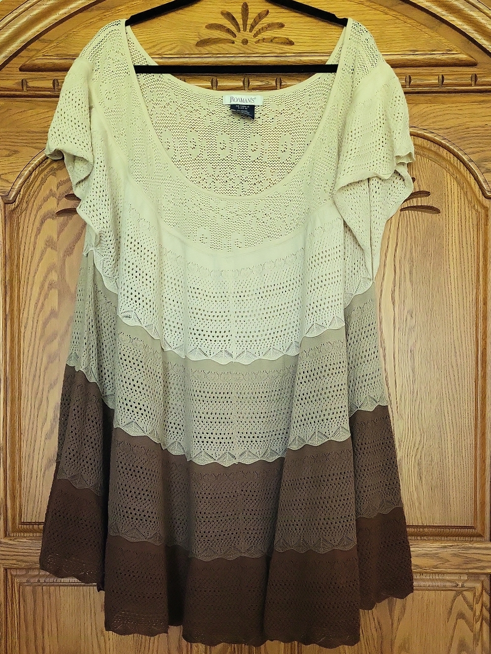 Roaman's Cream and Brown Tiered Crochet Knit Tunic